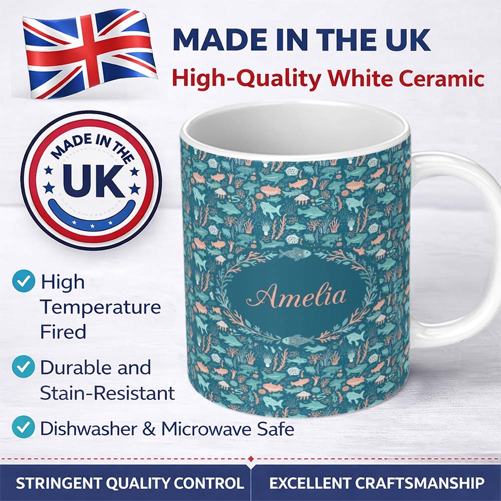 Personalized Custom Name Cute Ocean Sea Life Fish Coral Reef Seamless Pattern Name Unique 11oz Ceramic Coffee Tea Mug White Large Handle