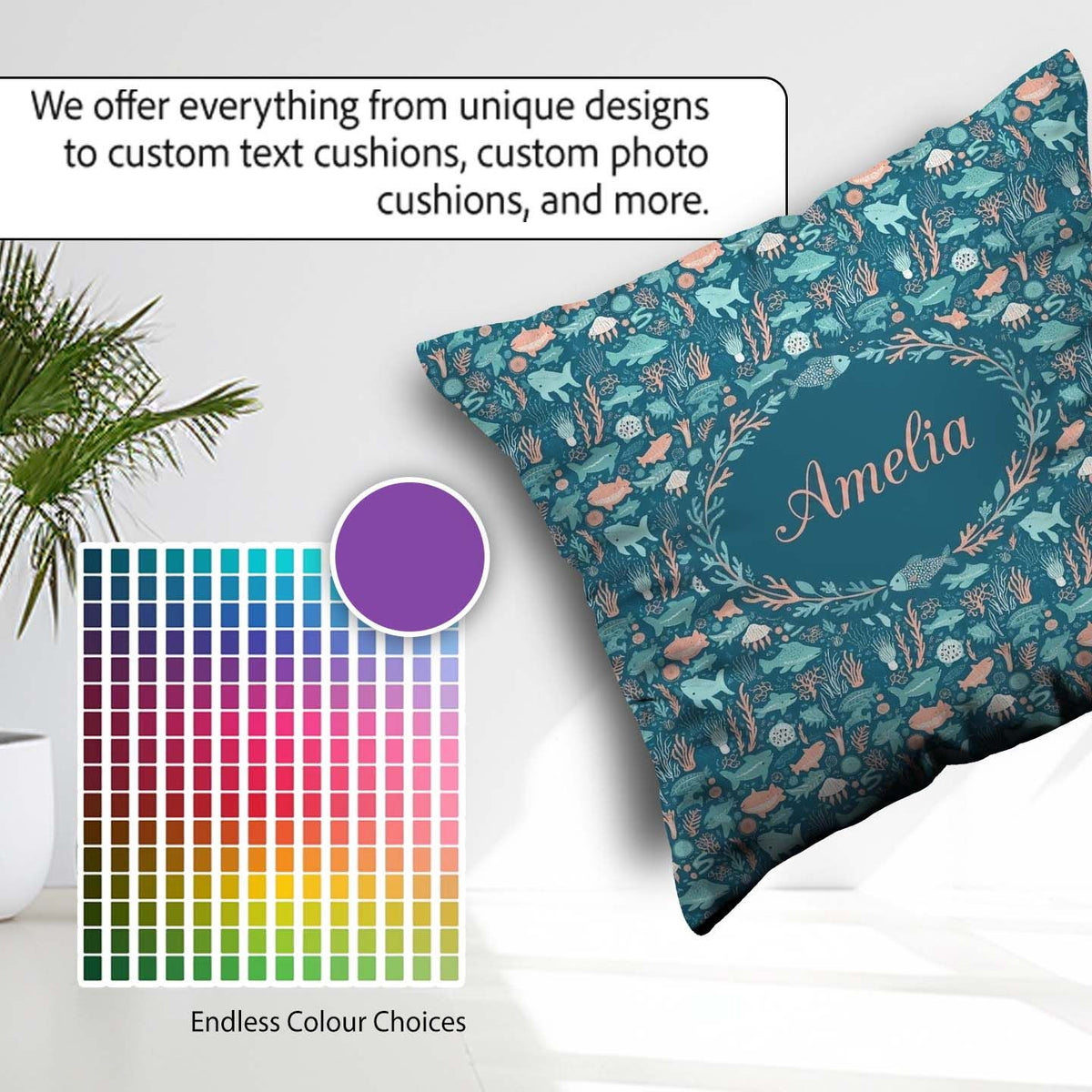 Custom Name Ocean Sea Life Fish Coral Reef Seamless Pattern Name Square Filled Cushion Throw Pillow Sofa Bed Home Decor Zip Washable UK Made