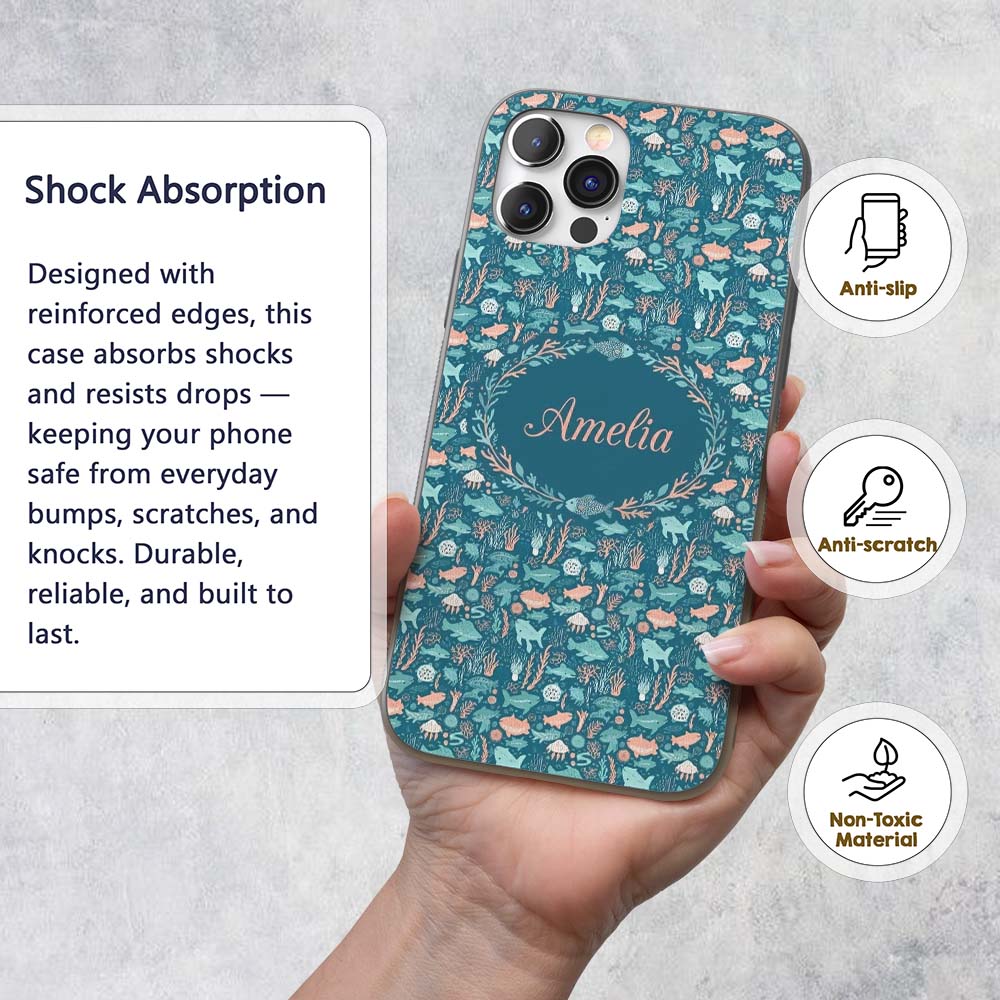 Cute Ocean Sea Life Fish Coral Reef Seamless Custom Name Protective Phone Case Mobile Cover Durable Everyday Smartphone Shock Resistant