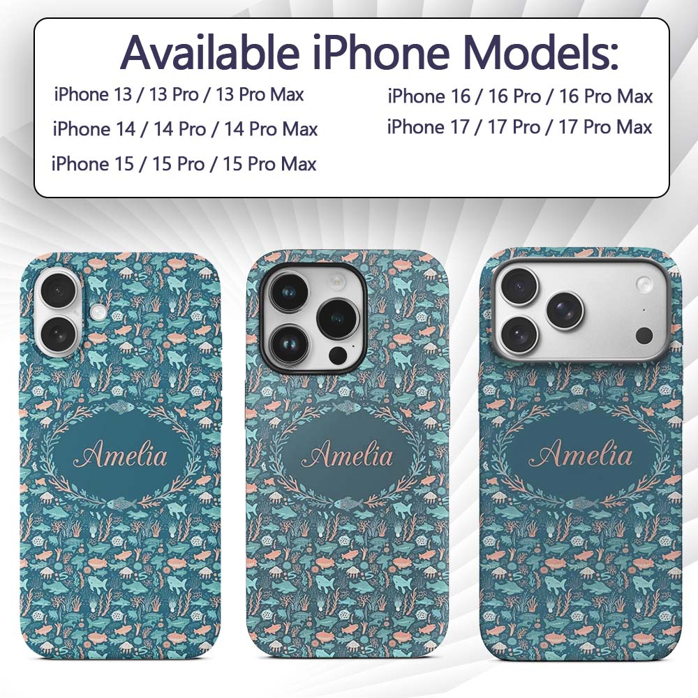 Cute Ocean Sea Life Fish Coral Reef Seamless Custom Name Protective Phone Case Mobile Cover Durable Everyday Smartphone Shock Resistant