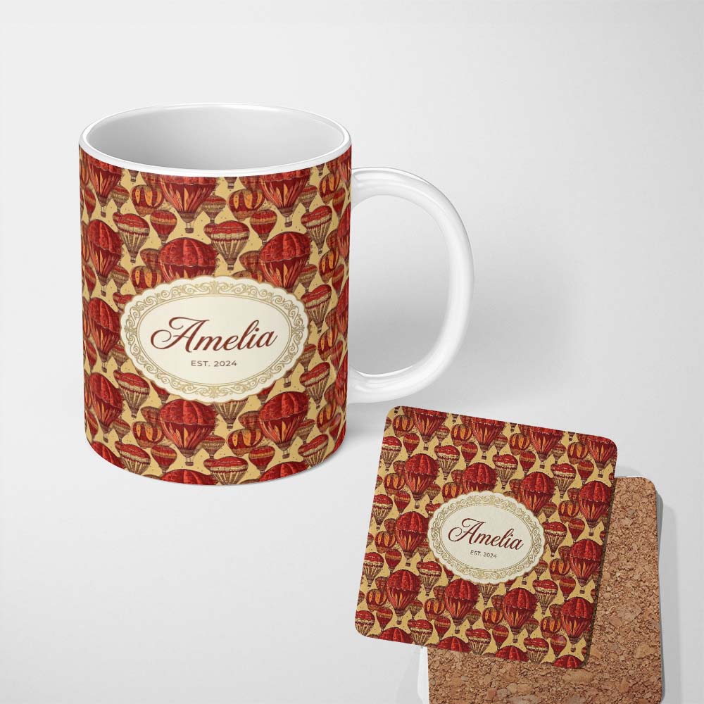 Personalized Custom Name Vintage Red Hot Air Balloons Sky Travel Seamless Pattern Name Cute 11oz Ceramic Coffee Tea Mug White Large Handle