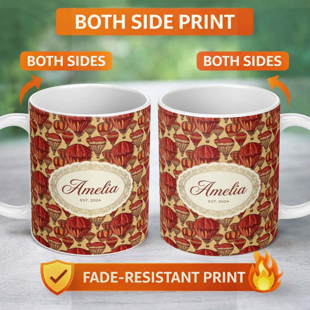 Personalized Custom Name Vintage Red Hot Air Balloons Sky Travel Seamless Pattern Name Cute 11oz Ceramic Coffee Tea Mug White Large Handle