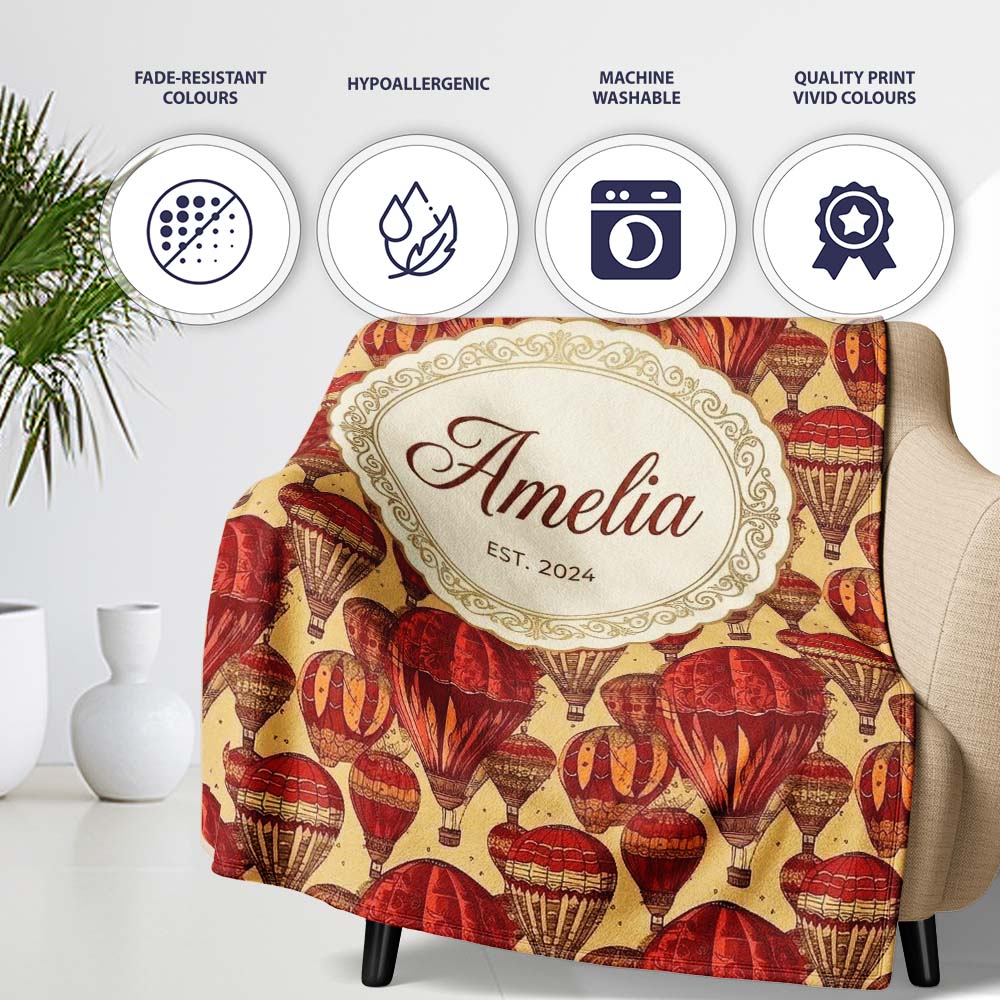 Vintage Red Hot Air Balloons Sky Travel Seamless Pattern Name Cute  Personalised Custom Name Super Soft Fleece Blanket Bed Sofa Throw