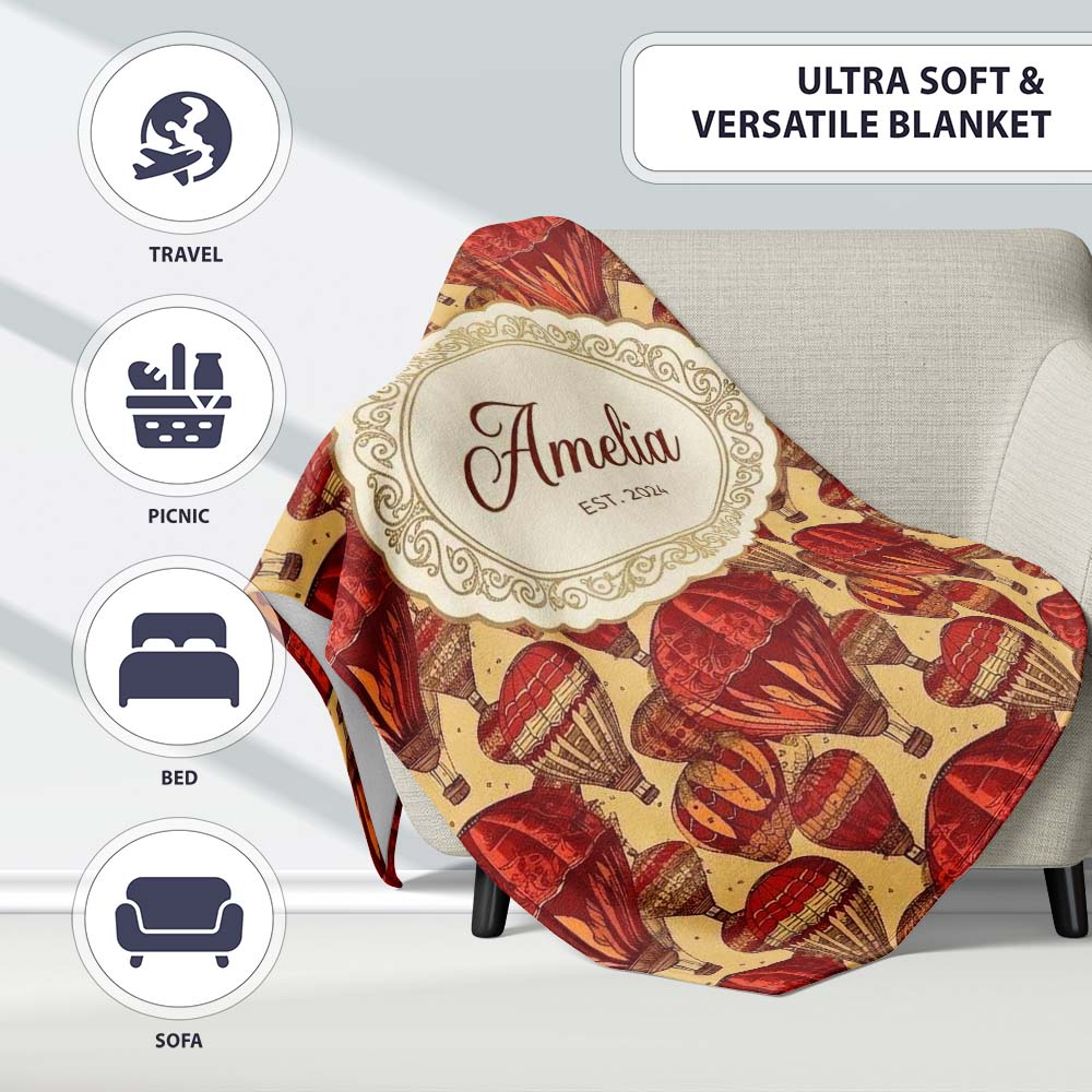Vintage Red Hot Air Balloons Sky Travel Seamless Pattern Name Cute  Personalised Custom Name Super Soft Fleece Blanket Bed Sofa Throw