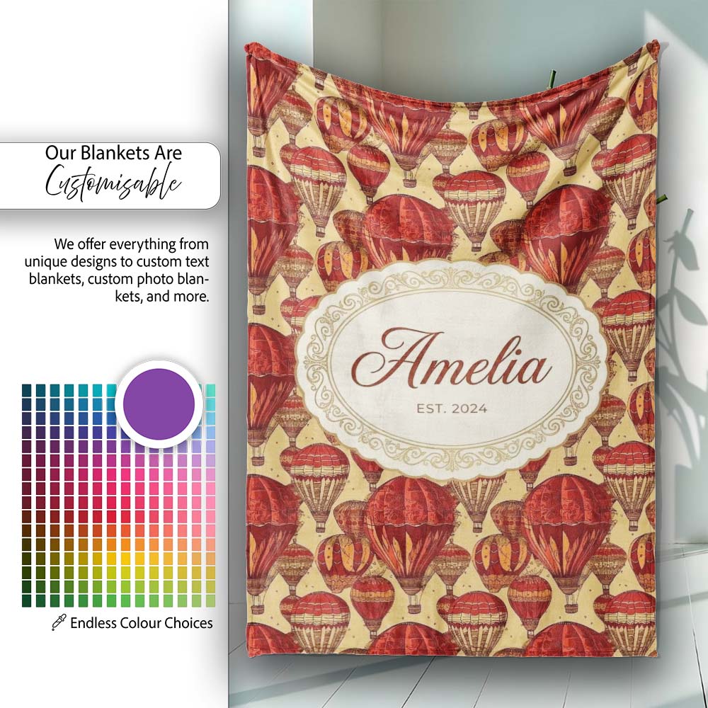 Vintage Red Hot Air Balloons Sky Travel Seamless Pattern Name Cute  Personalised Custom Name Super Soft Fleece Blanket Bed Sofa Throw