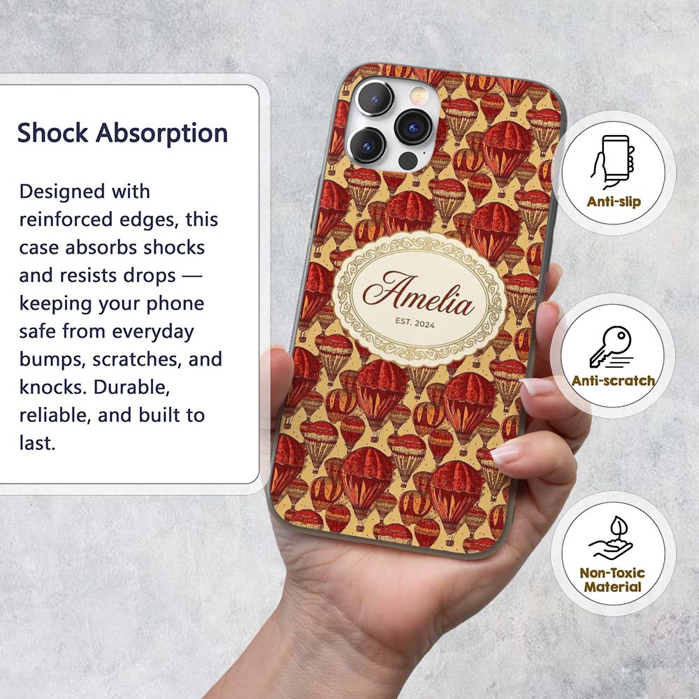 Vintage Red Hot Air Balloons Sky Travel Seamless Custom Name Protective Phone Case Mobile Cover Durable Everyday Smartphone Shock Resistant