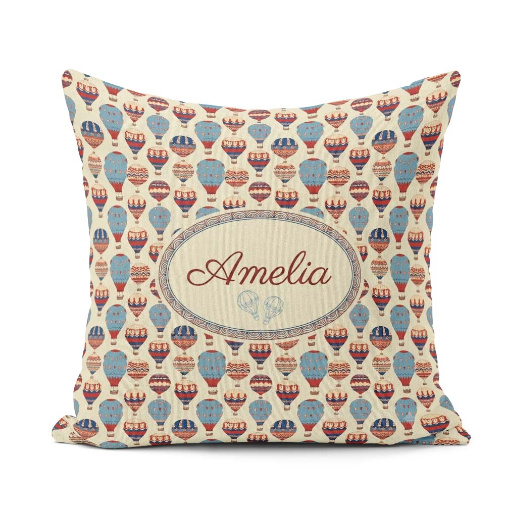 Custom Name Colorful Blue Red Hot Air Balloons Pattern Name Cute Square Filled Cushion Throw Pillow Sofa Bed Home Decor Zip Washable UK Made