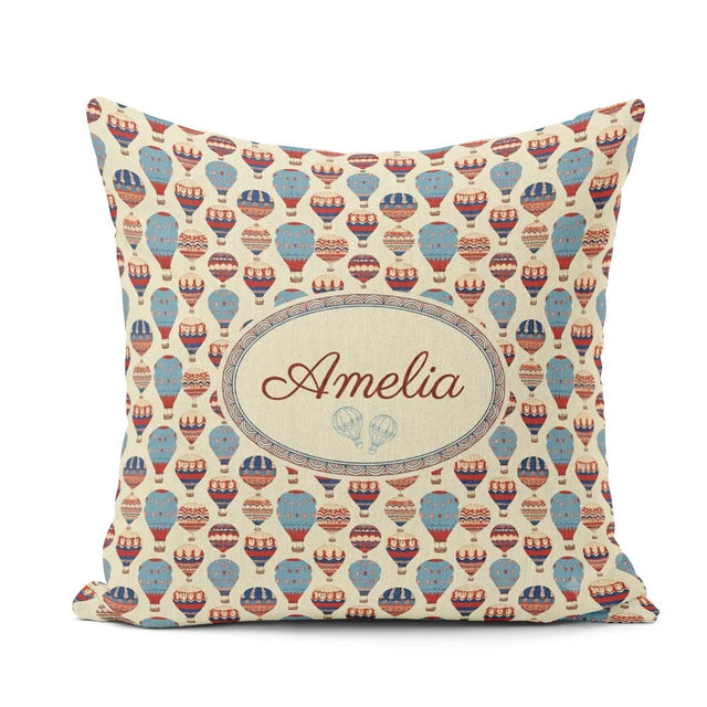 Custom Name Colorful Blue Red Hot Air Balloons Pattern Name Cute Square Filled Cushion Throw Pillow Sofa Bed Home Decor Zip Washable UK Made