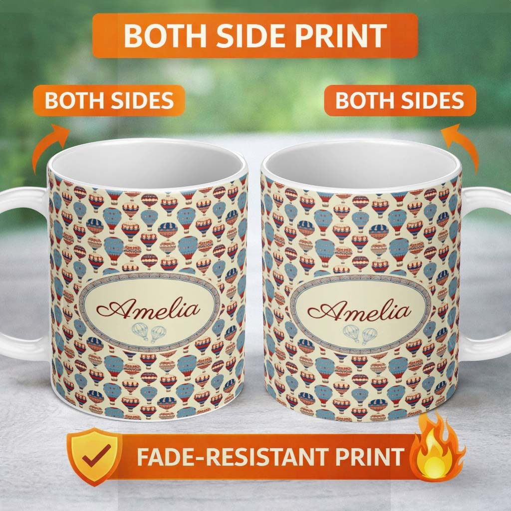 Personalized Custom Name Colorful Blue Red Hot Air Balloons Seamless Pattern Name Cute 11oz Ceramic Coffee Tea Mug White Large Handle