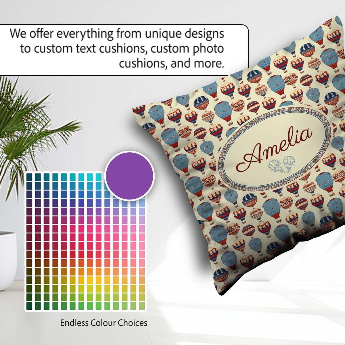 Custom Name Colorful Blue Red Hot Air Balloons Pattern Name Cute Square Filled Cushion Throw Pillow Sofa Bed Home Decor Zip Washable UK Made