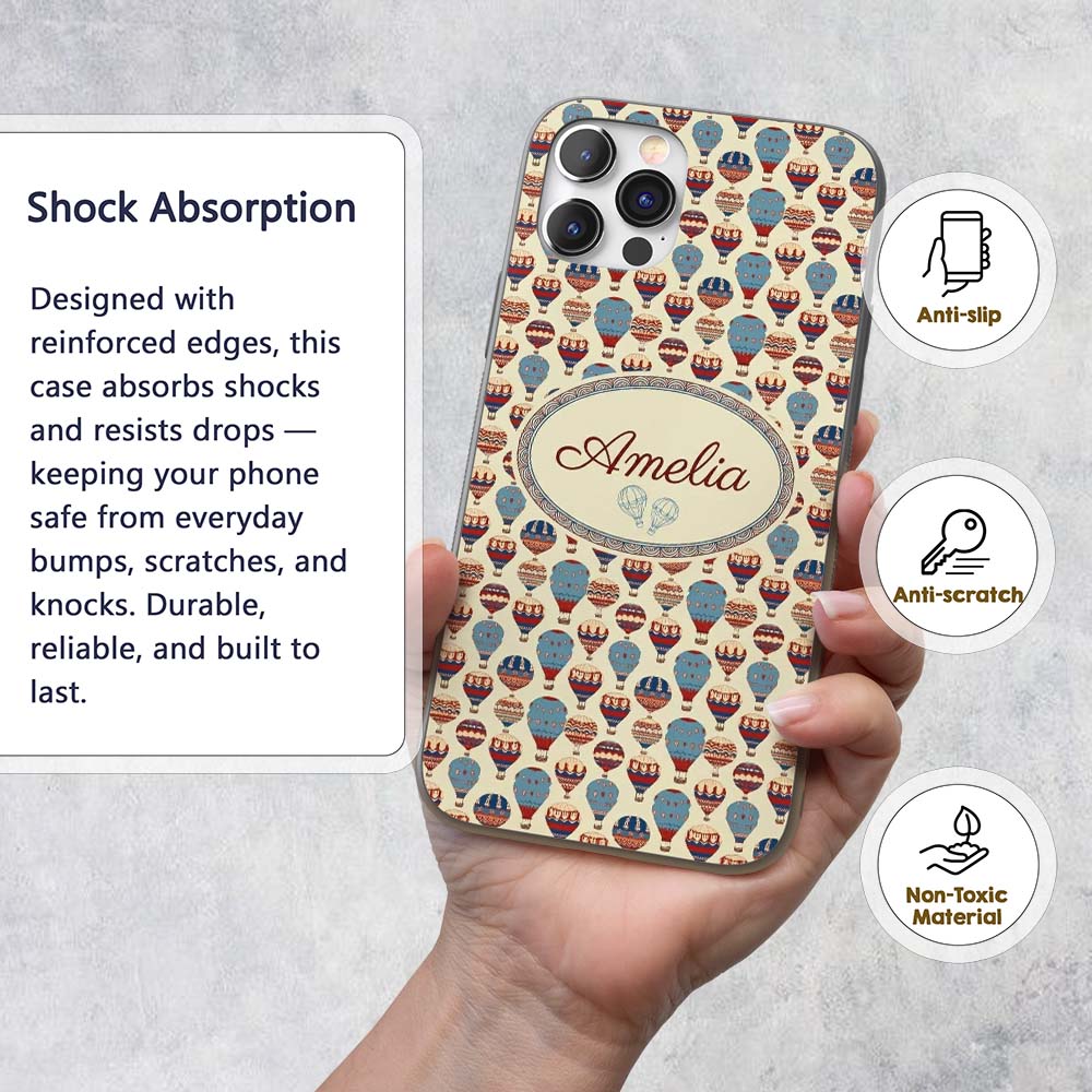Colorful Blue Red Hot Air Balloons Printed Design Custom Name Protective Phone Case Mobile Cover Durable Everyday Smartphone Shock Resistant