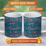 Personalized Custom Name Bright Red Teal Hot Air Balloon Sky Seamless Pattern Name Cute 11oz Ceramic Coffee Tea Mug White Large Handle