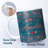 Personalized Custom Name Bright Red Teal Hot Air Balloon Sky Seamless Pattern Name Cute 11oz Ceramic Coffee Tea Mug White Large Handle