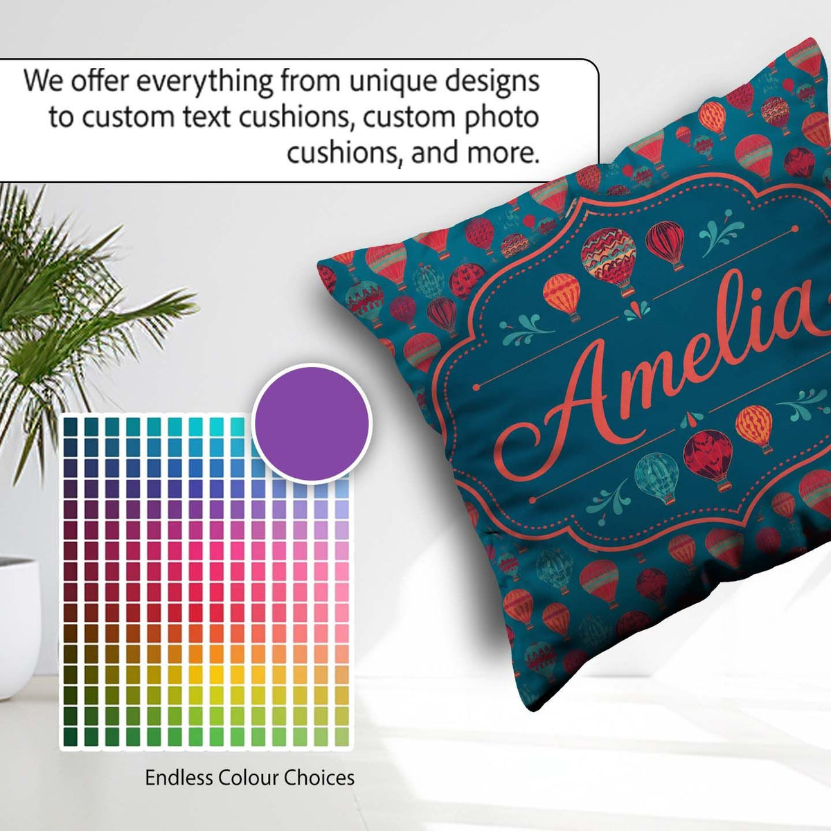 Custom Name Bright Red Teal Hot Air Balloon Sky Seamless Pattern Square Filled Cushion Throw Pillow Sofa Bed Home Decor Zip Washable UK Made