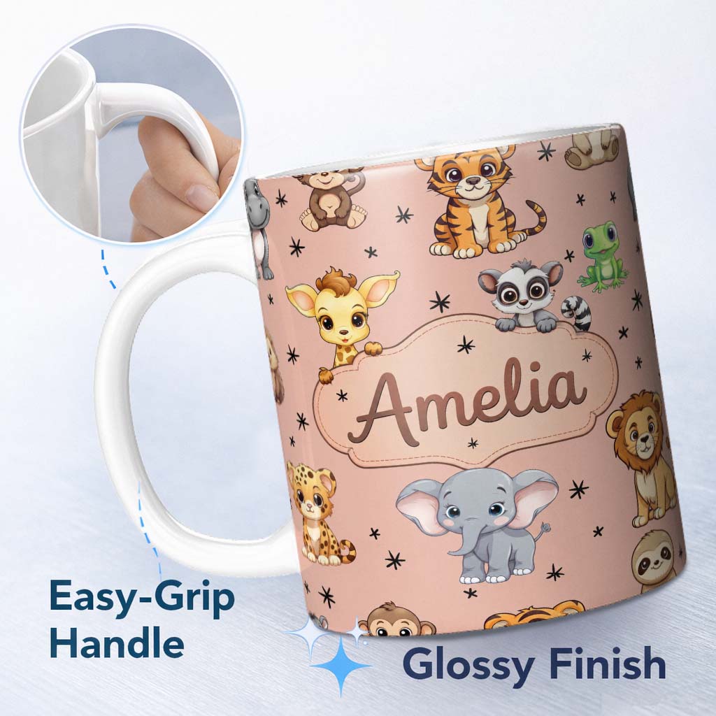 Personalized Custom Name Cute Jungle Baby Animals Lion Tiger Elephant Giraffe Pattern Peach 11oz Ceramic Coffee Tea Mug White Large Handle