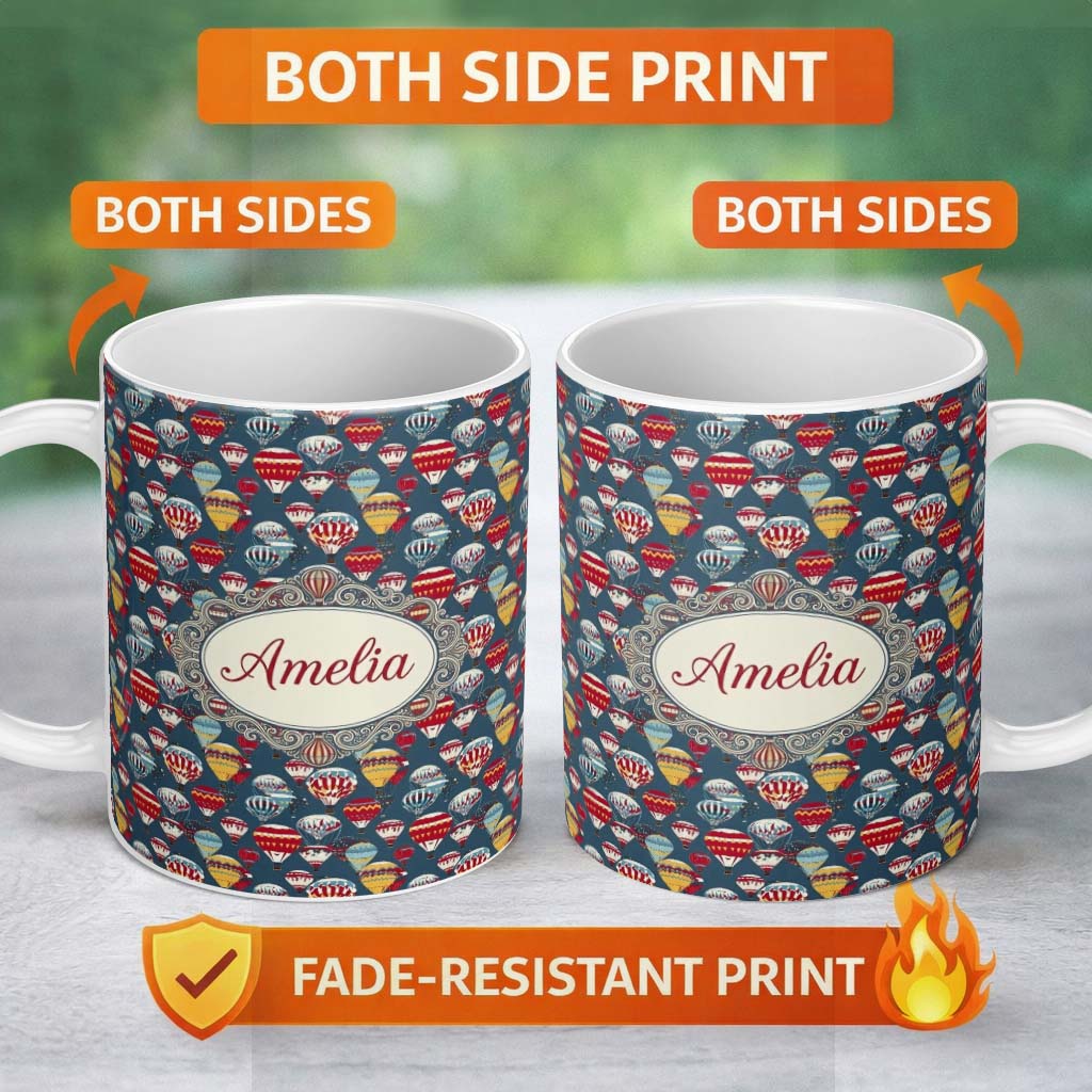 Personalized Custom Name Festive Multicolor Hot Air Balloons Sky Seamless Pattern Name Cute 11oz Ceramic Coffee Tea Mug White Large Handle