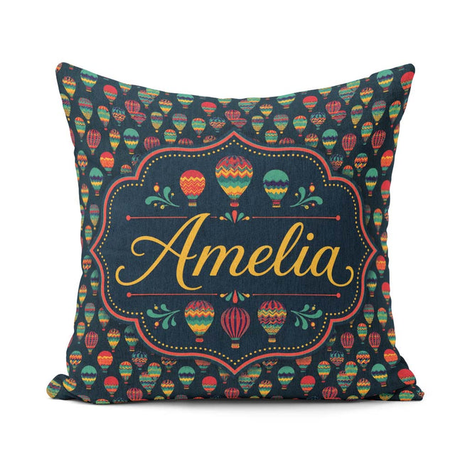 Custom Name Dark Colorful Hot Air Balloons Seamless Pattern Name Square Filled Cushion Throw Pillow Sofa Bed Home Decor Zip Washable UK Made