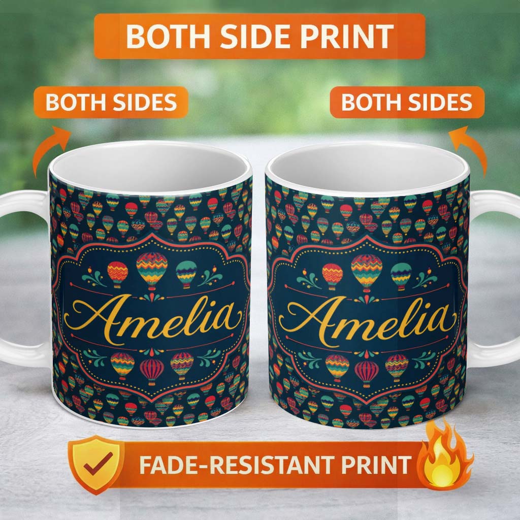Personalized Custom Name Dark Background Colorful Hot Air Balloons Seamless Pattern Name Cute 11oz Ceramic Coffee Tea Mug White Large Handle