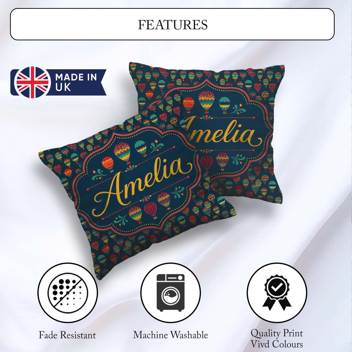 Custom Name Dark Colorful Hot Air Balloons Seamless Pattern Name Square Filled Cushion Throw Pillow Sofa Bed Home Decor Zip Washable UK Made