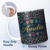 Personalized Custom Name Dark Background Colorful Hot Air Balloons Seamless Pattern Name Cute 11oz Ceramic Coffee Tea Mug White Large Handle