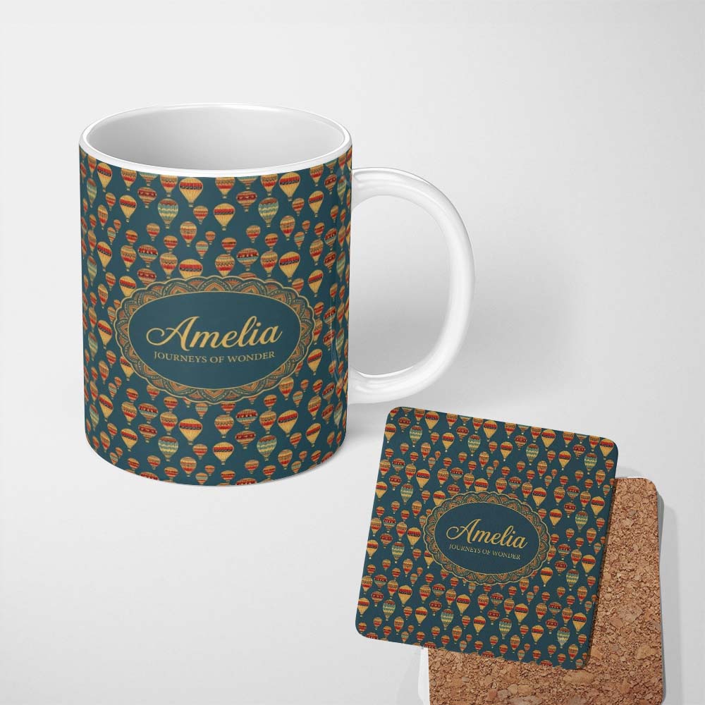 Personalized Custom Name Vintage Style Hot Air Balloons on Teal Sky Seamless Pattern Name 11oz Ceramic Coffee Tea Mug White Large Handle
