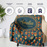 Vintage Style Hot Air Balloons on Teal Sky Seamless Pattern Name  Personalised Custom Name Super Soft Fleece Blanket Bed Sofa Throw