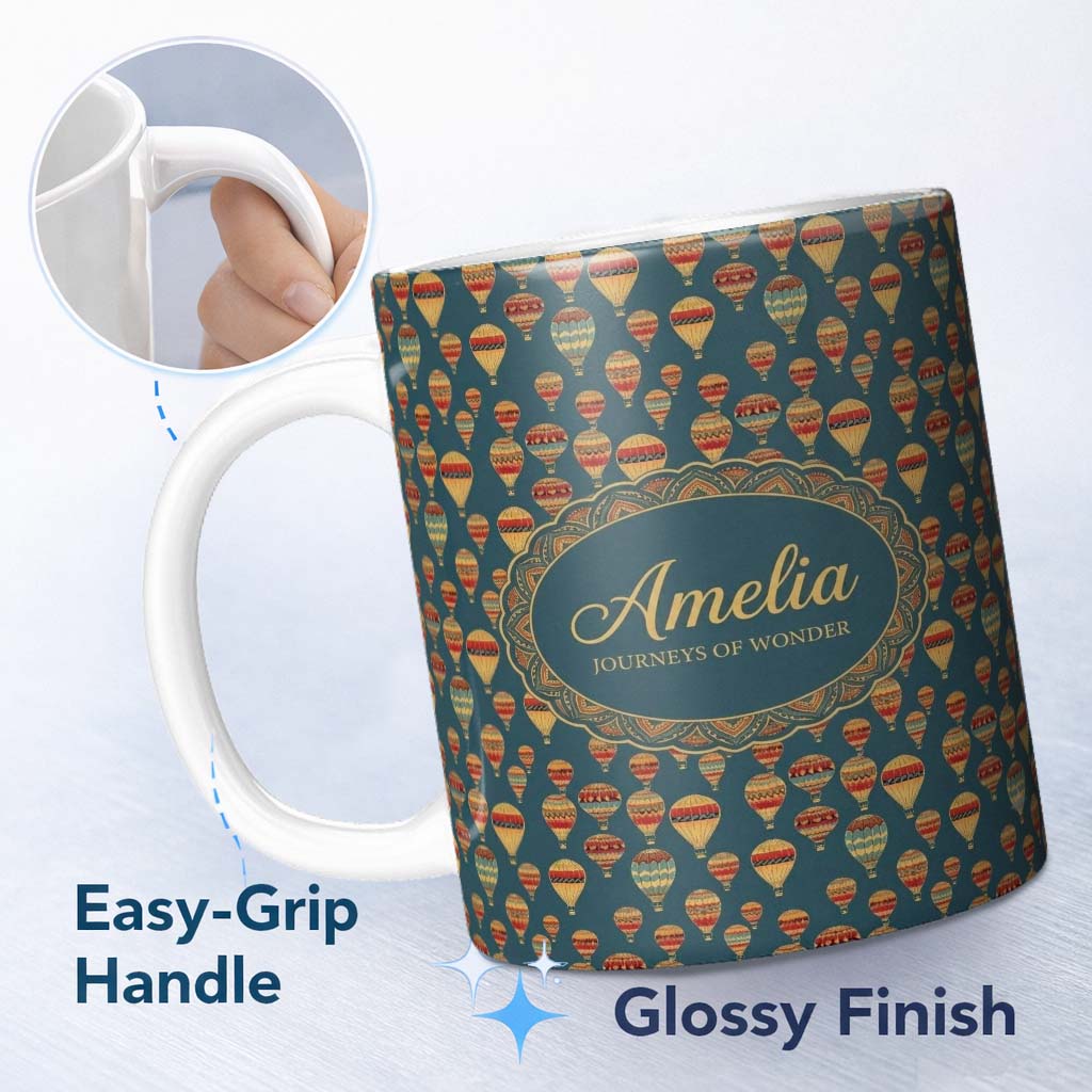 Personalized Custom Name Vintage Style Hot Air Balloons on Teal Sky Seamless Pattern Name 11oz Ceramic Coffee Tea Mug White Large Handle