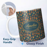 Personalized Custom Name Vintage Style Hot Air Balloons on Teal Sky Seamless Pattern Name 11oz Ceramic Coffee Tea Mug White Large Handle