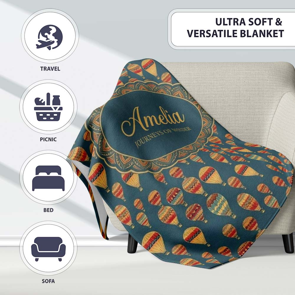 Vintage Style Hot Air Balloons on Teal Sky Seamless Pattern Name  Personalised Custom Name Super Soft Fleece Blanket Bed Sofa Throw