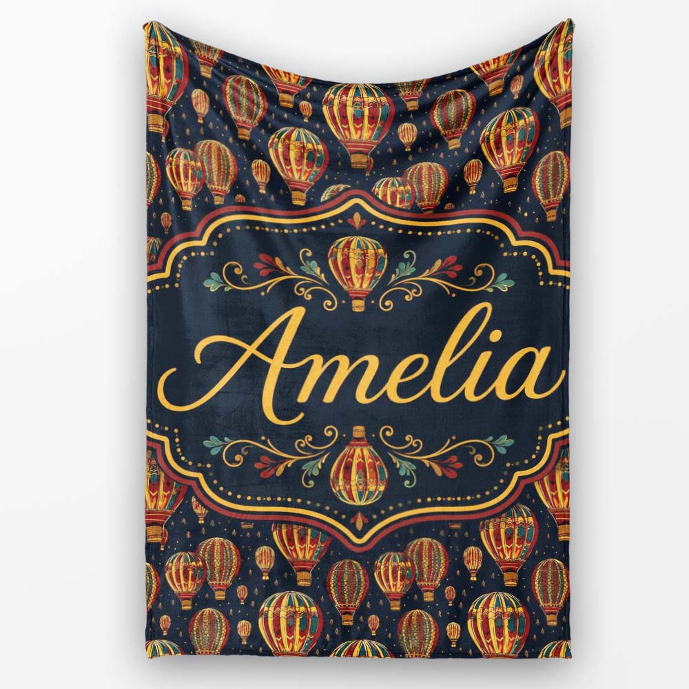 Ornate Night Sky Hot Air Balloons Vintage Seamless Pattern Name Cute  Personalised Custom Name Super Soft Fleece Blanket Bed Sofa Throw