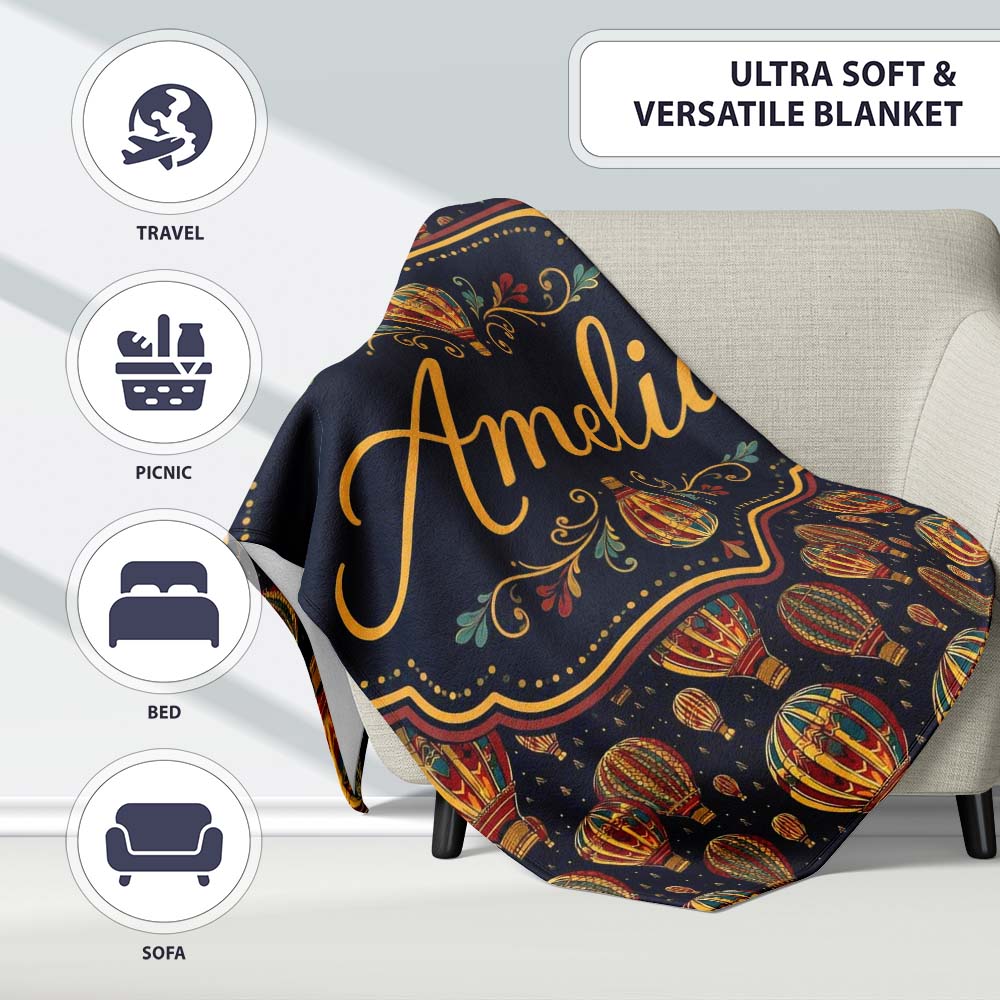 Ornate Night Sky Hot Air Balloons Vintage Seamless Pattern Name Cute  Personalised Custom Name Super Soft Fleece Blanket Bed Sofa Throw