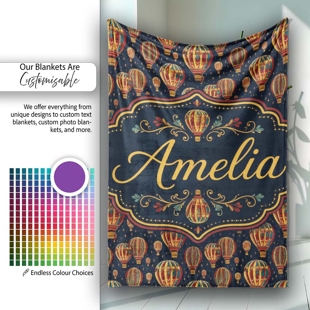 Ornate Night Sky Hot Air Balloons Vintage Seamless Pattern Name Cute  Personalised Custom Name Super Soft Fleece Blanket Bed Sofa Throw