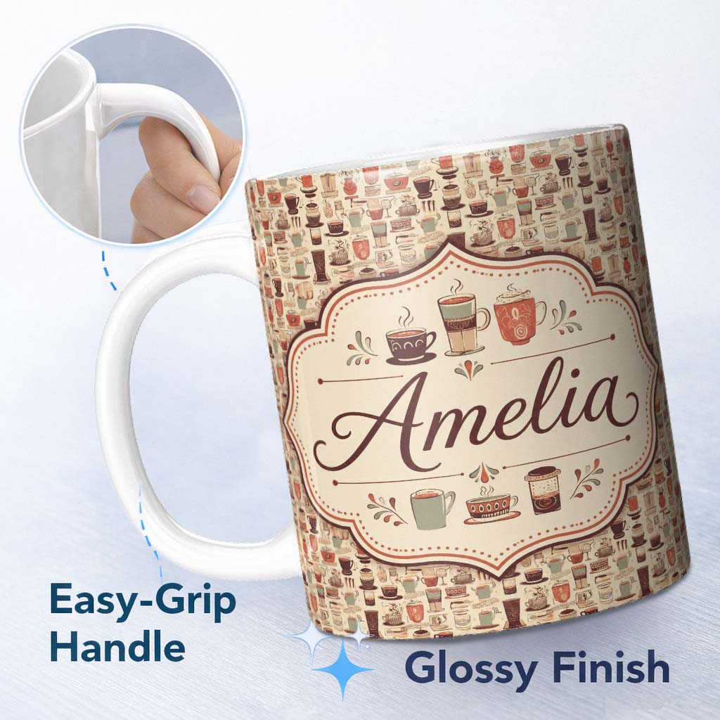 Personalized Custom Name Coffee Cups Kitchen Utensils Seamless Pattern Custom Name Cute 11oz Ceramic Coffee Tea Mug White Large Handle