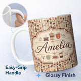 Personalized Custom Name Coffee Cups Kitchen Utensils Seamless Pattern Custom Name Cute 11oz Ceramic Coffee Tea Mug White Large Handle