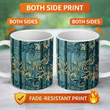 Personalized Custom Name Serene Bamboo Forest with Soft Mist Pattern Asian Nature Botanical 11oz Ceramic Coffee Tea Mug White Large Handle