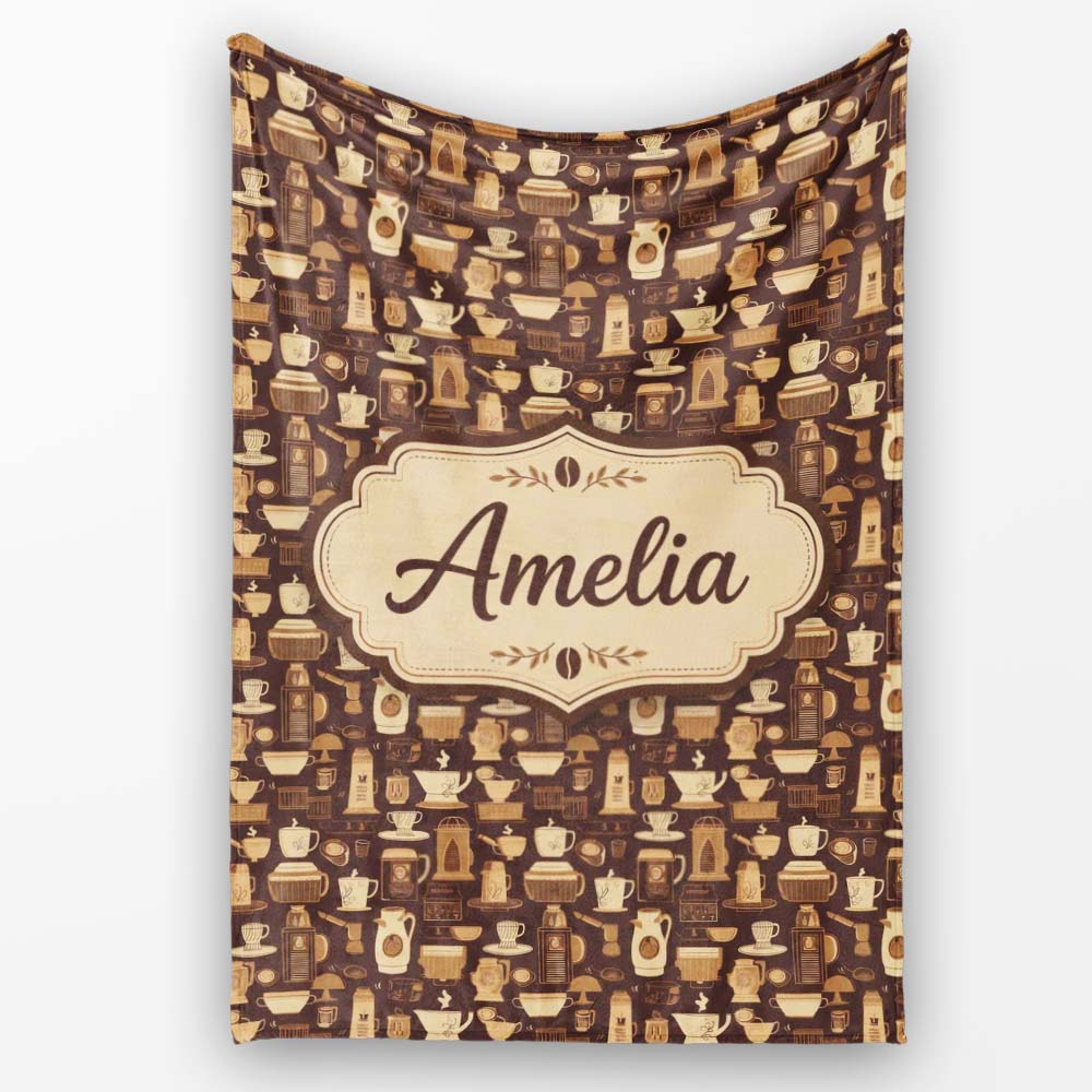 Classic Brown Coffee Maker Cups Vintage Seamless Pattern Name Cute  Personalised Custom Name Super Soft Fleece Blanket Bed Sofa Throw