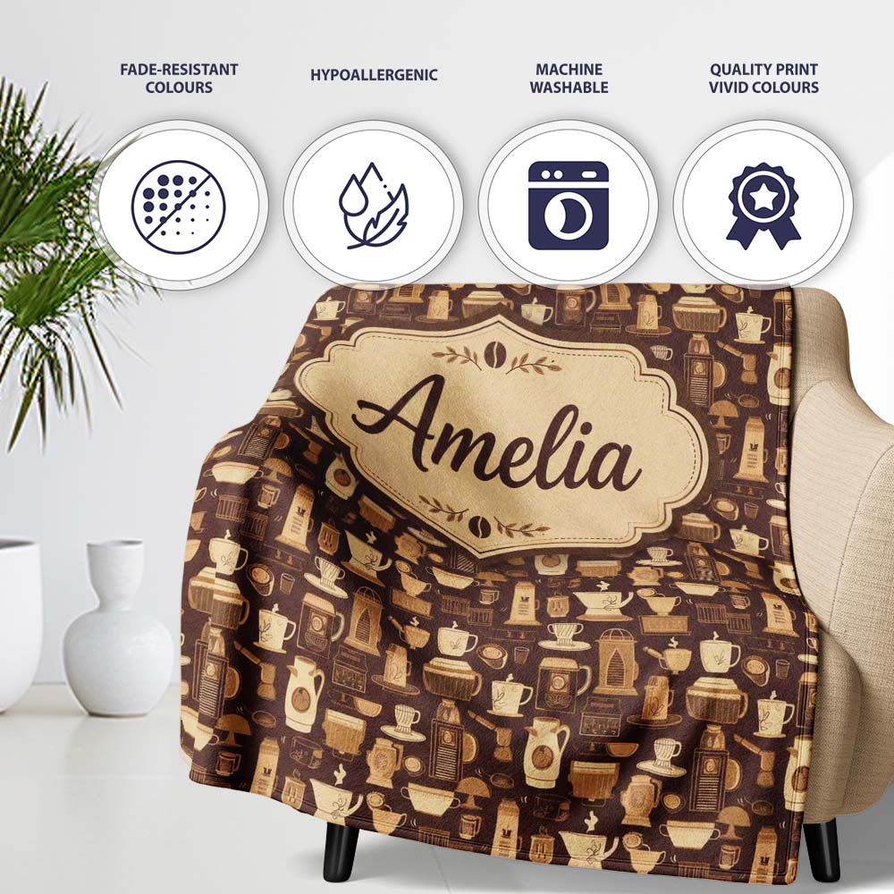 Classic Brown Coffee Maker Cups Vintage Seamless Pattern Name Cute  Personalised Custom Name Super Soft Fleece Blanket Bed Sofa Throw