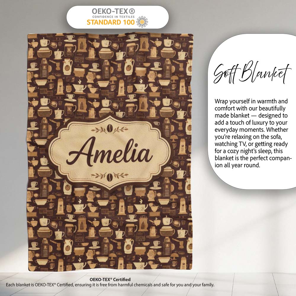 Classic Brown Coffee Maker Cups Vintage Seamless Pattern Name Cute  Personalised Custom Name Super Soft Fleece Blanket Bed Sofa Throw