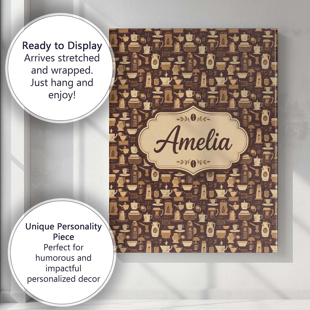 Personalised Name Classic Brown Coffee Custom  Modern Room Accent Elegant Feature Canvas Wall Art Print Decor Picture Ready to Hang