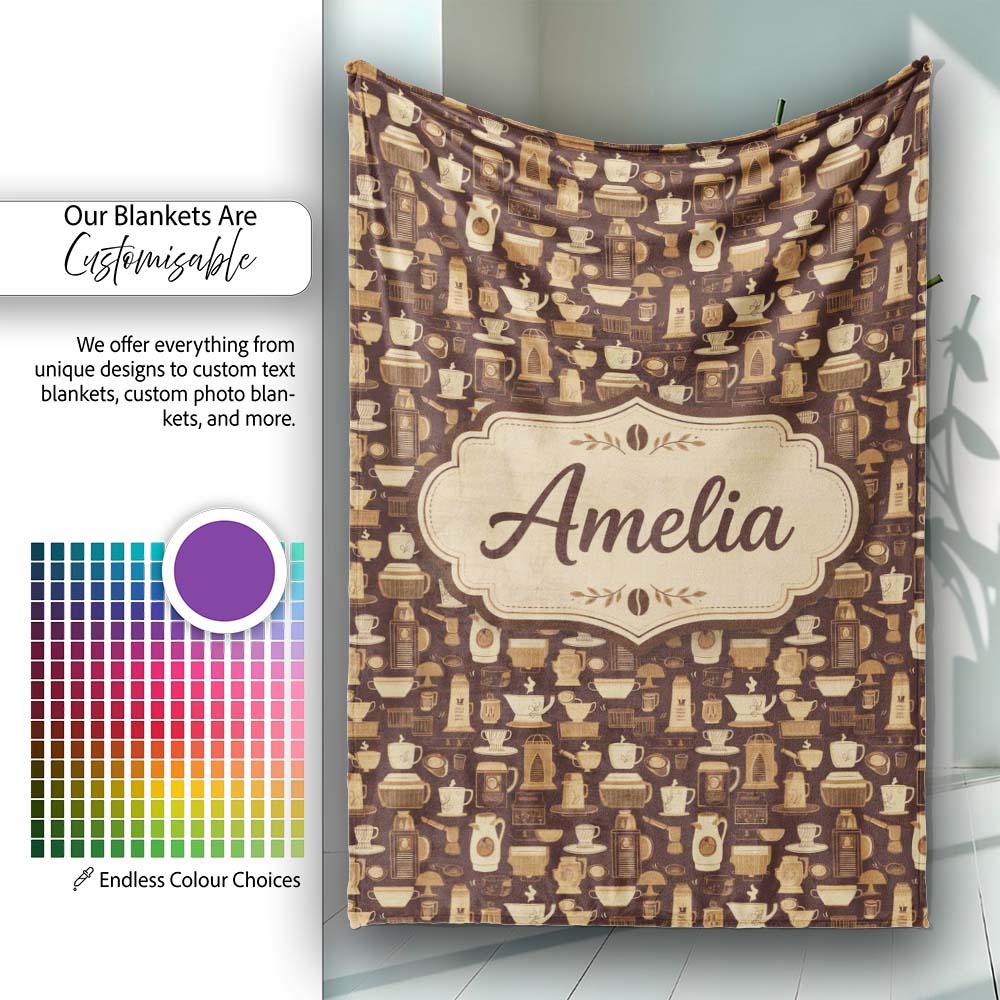 Classic Brown Coffee Maker Cups Vintage Seamless Pattern Name Cute  Personalised Custom Name Super Soft Fleece Blanket Bed Sofa Throw
