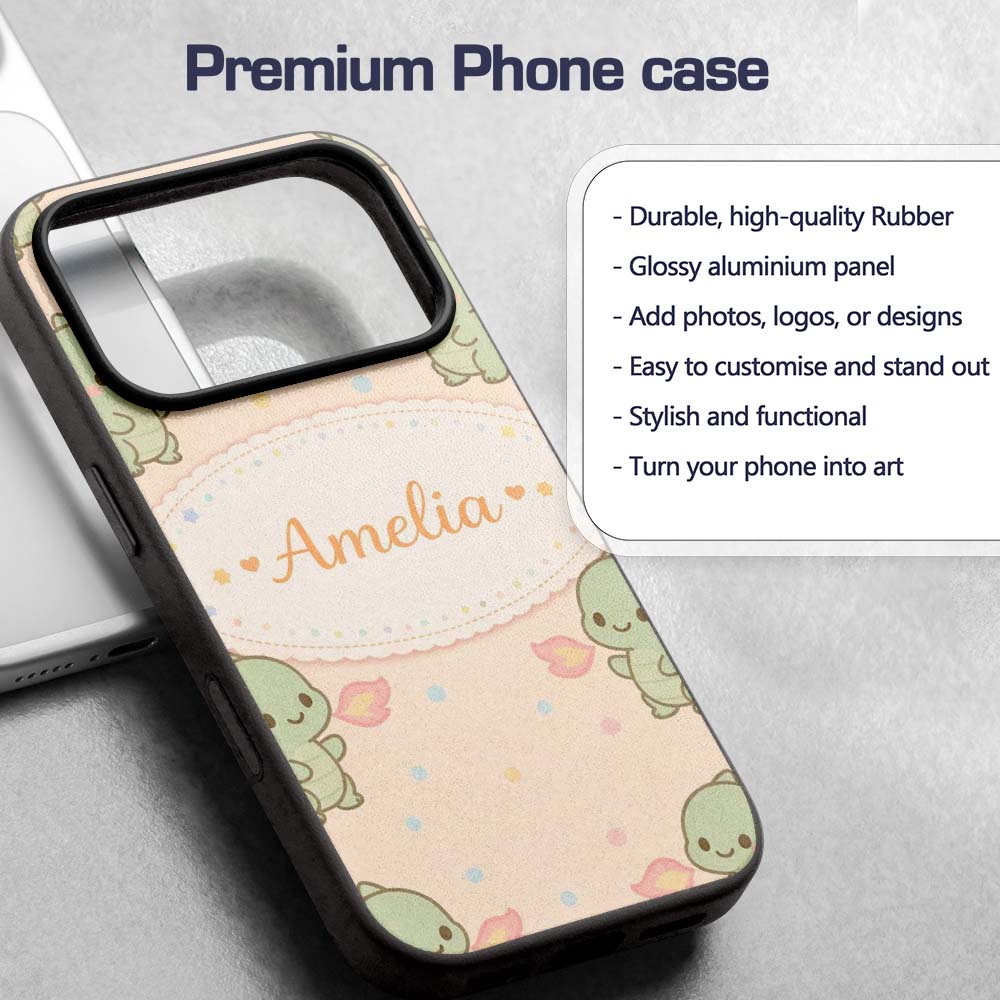 Cute Baby Dinosaur Cartoon Animal Printed Design Custom Name Protective Phone Case Mobile Cover Durable Everyday Smartphone Shock Resistant