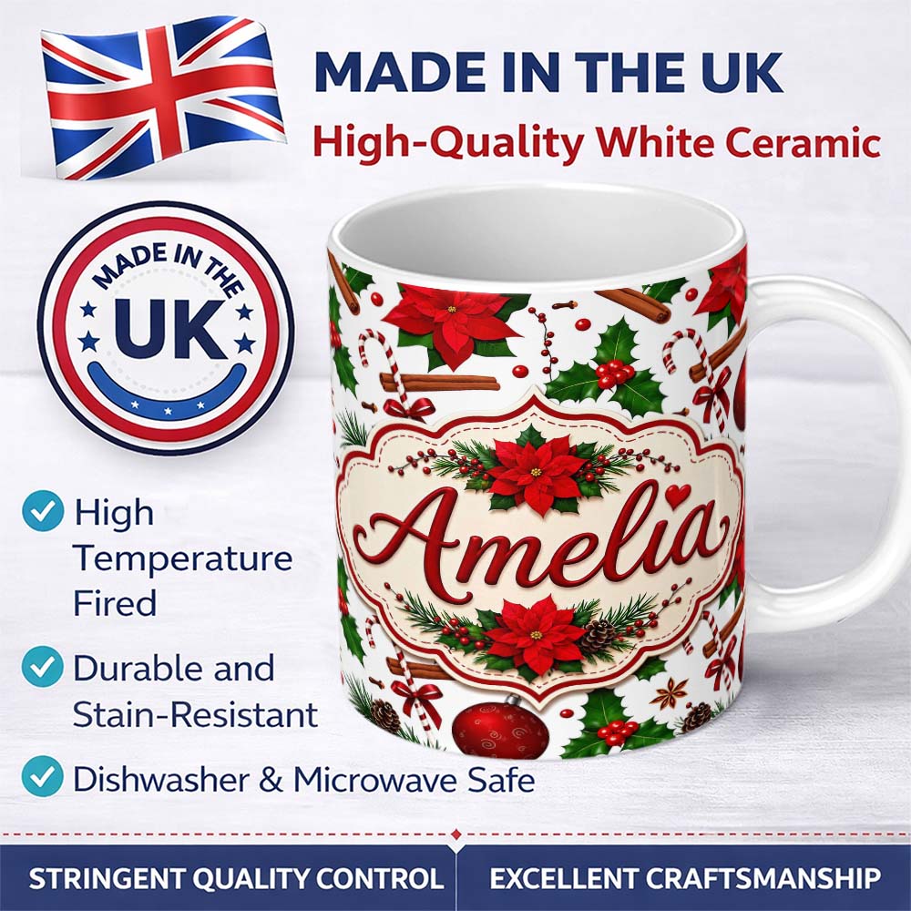 Personalized Custom Name Festive Poinsettia Holly Candy Cane Cinnamon Seamless Pattern Lovely 11oz Ceramic Coffee Tea Mug White Large Handle