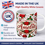 Personalized Custom Name Festive Poinsettia Holly Candy Cane Cinnamon Seamless Pattern Lovely 11oz Ceramic Coffee Tea Mug White Large Handle