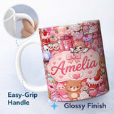 Personalized Custom Name Cute Teddy Bear Cupid Cakes Hearts Flowers Valentine Kawaii Red 11oz Ceramic Coffee Tea Mug White Large Handle