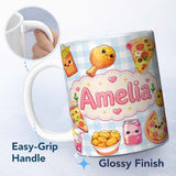 Personalized Custom Name Cute Kawaii Fast Food Pizza Chicken Soda Gingham Background 11oz Ceramic Coffee Tea Mug White Large Handle