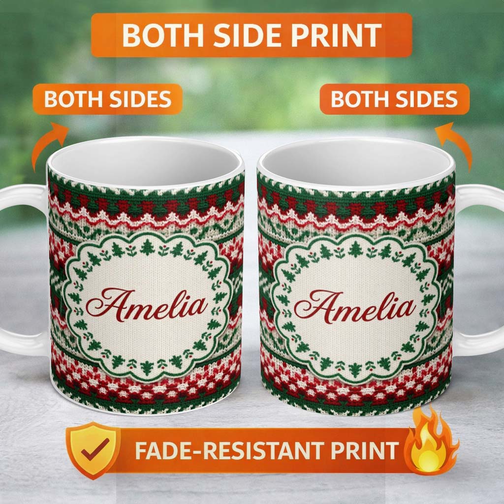 Personalized Custom Name Festive Knitted Fair Isle Christmas Pattern Seamless Lovely 11oz Ceramic Coffee Tea Mug White Large Handle