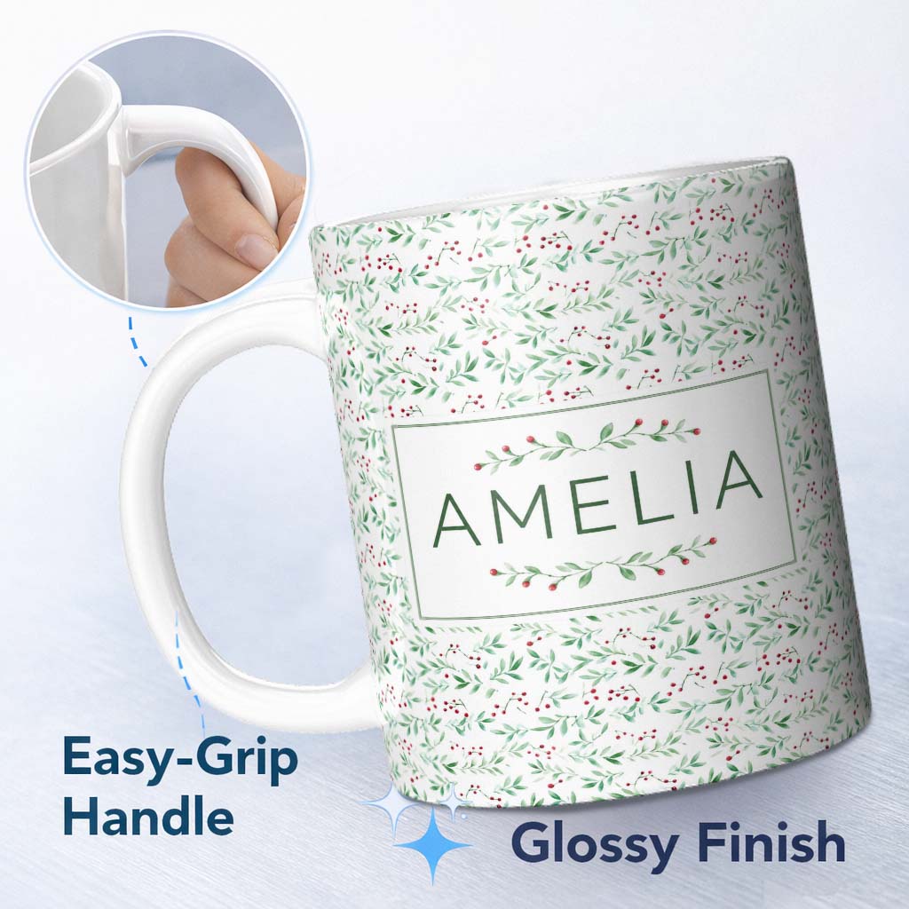 Personalized Custom Name Watercolor Green Leaves and Red Berry Seamless Botanical Pattern 11oz Ceramic Coffee Tea Mug White Large Handle