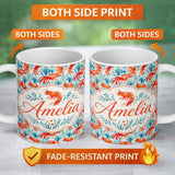 Personalized Custom Name Cute LShrimp with Seaweed Botanical Design Seamless Pattern Lovely 11oz Ceramic Coffee Tea Mug White Large Handle