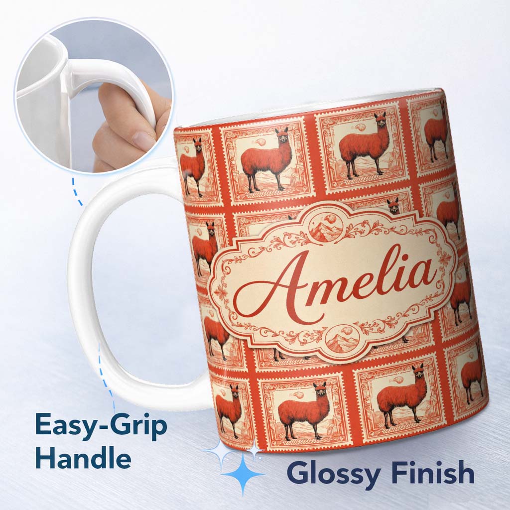 Personalized Custom Name Vintage Red Llama Stamp Style Illustration Seamless Pattern Lovely 11oz Ceramic Coffee Tea Mug White Large Handle