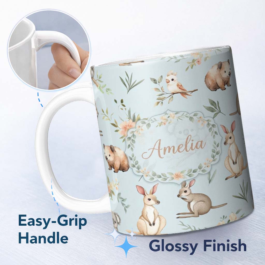 Personalized Custom Name Woodland Animals Koala Kangaroo Bear Floral Dusty Blue Seamless 11oz Ceramic Coffee Tea Mug White Large Handle